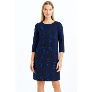 J. Crew Factory Blue And Black Floral 3/4” Sleeve Shift Office Work Dress 12